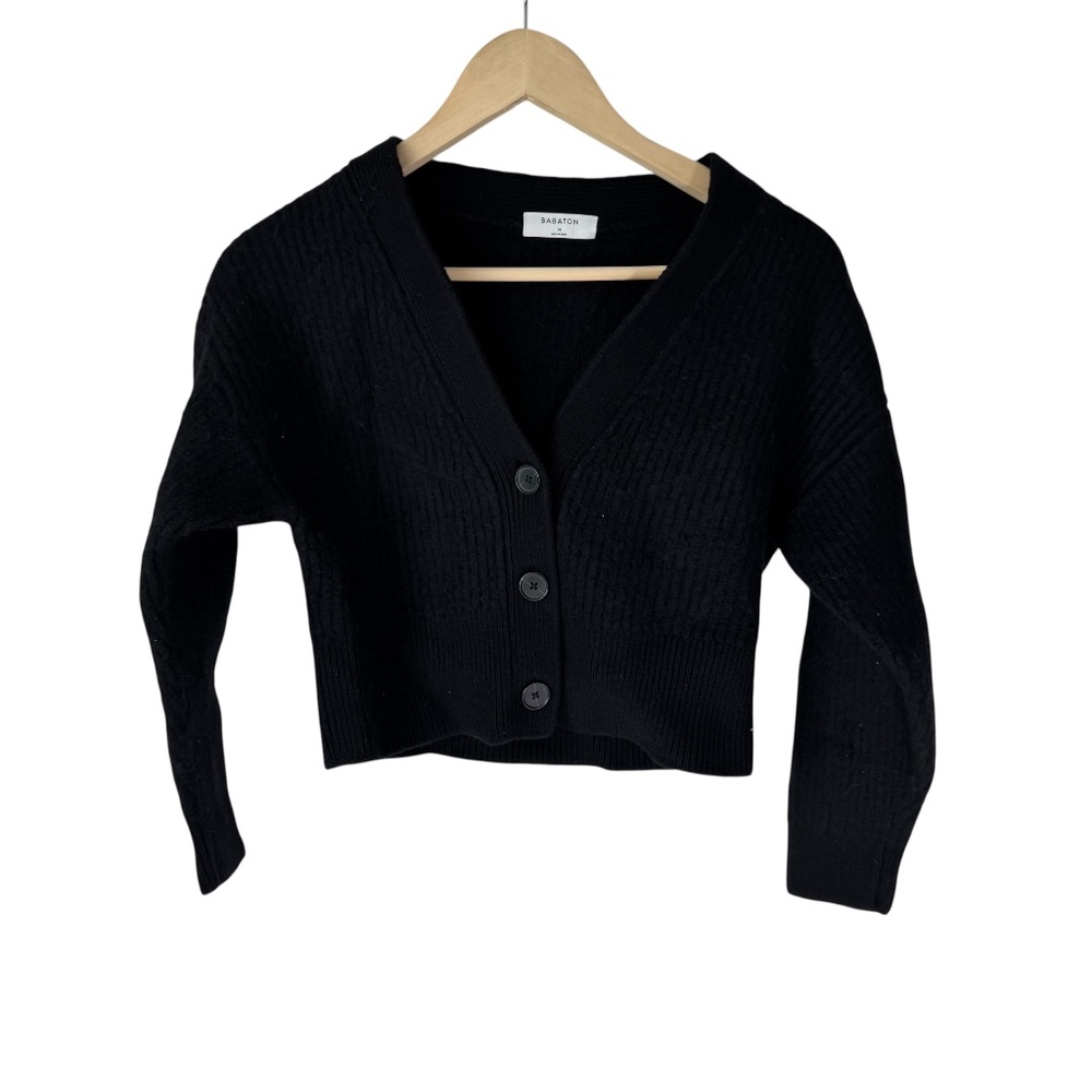 Aritzia Babaton Black‎ 100% Wool V-Neck Cropped Sweater Sz M - Picture 2 of 8